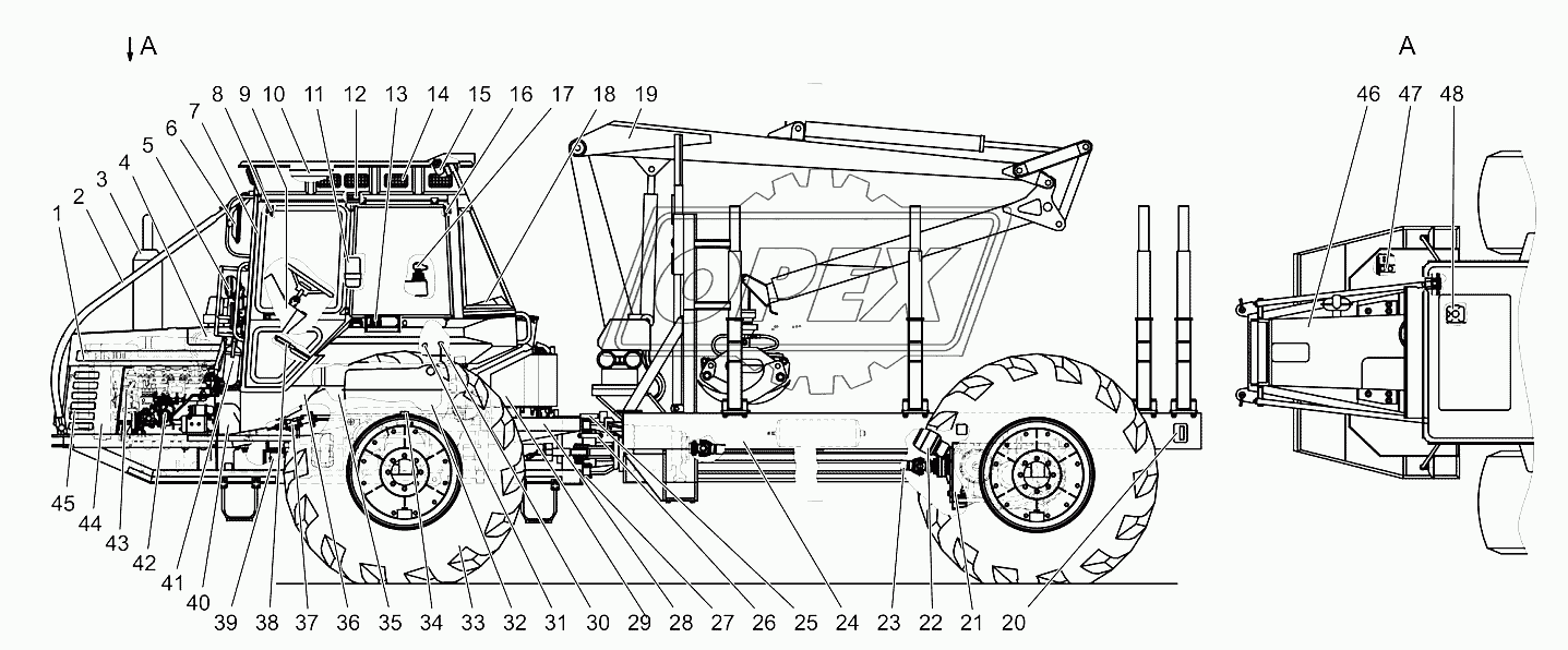 Машина лесная погрузочно-транспортная «БЕЛАРУС» МЛПТ-344,Схема деления машины на составные части