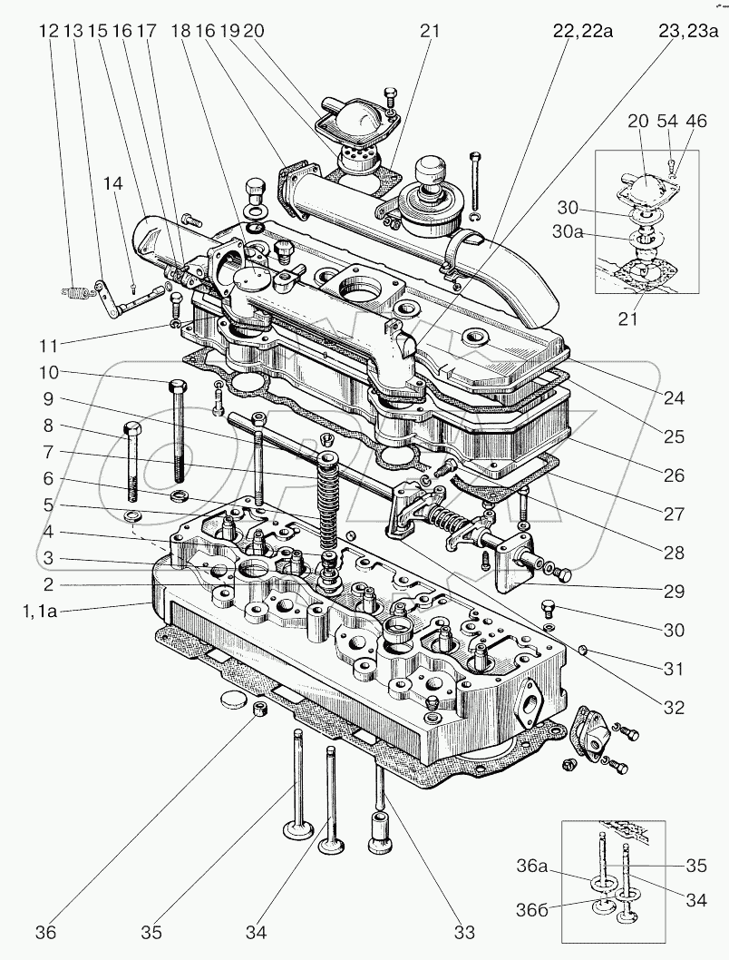 Головка цилиндров, клапаны и толкатели клапанов