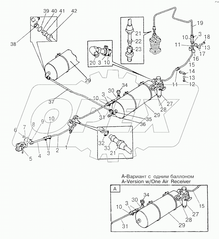 Трубопроводы и арматура пневмопривода тормозов прицепа.