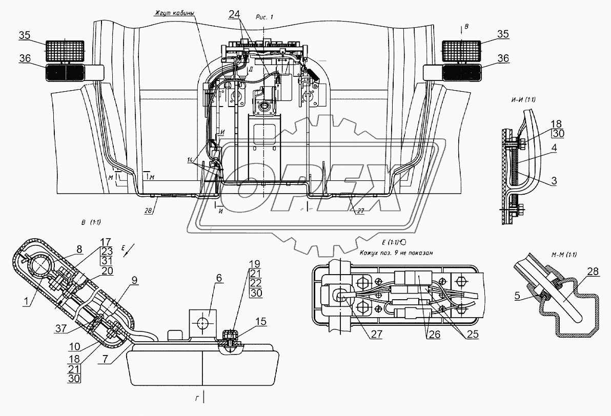 Установка фонарей передних 925-3700025-01 (для тракторов с двигателем Д-245.5S3A)