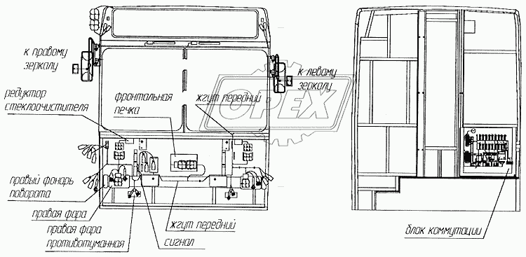 Электромонтажная схема передка, маршрутоуказателя и обогрев зеркал