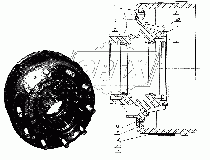 Ступица с тормозным барабаном для дискового колеса (для модификаций с двускатной ошиновкой)