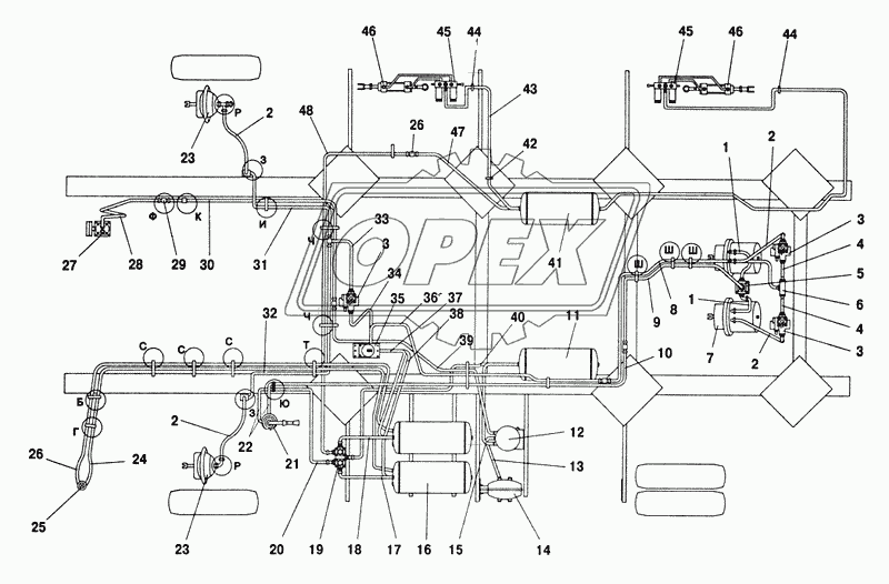 Схема пневматической системы тормозов с пневмоаппаратурой 1