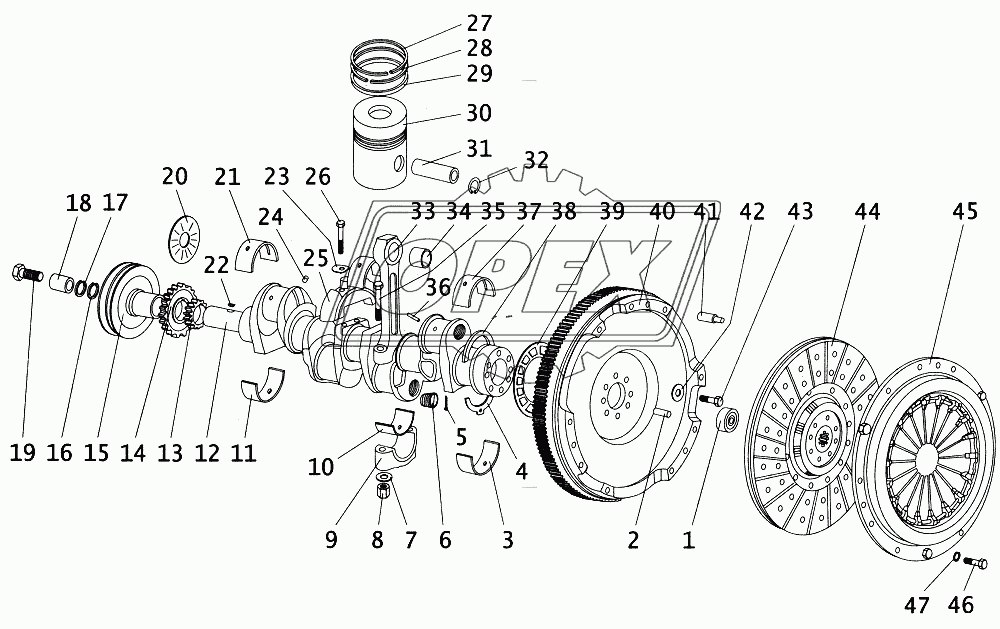 Поршни, коленчатый вал, маховик, диски сцепления