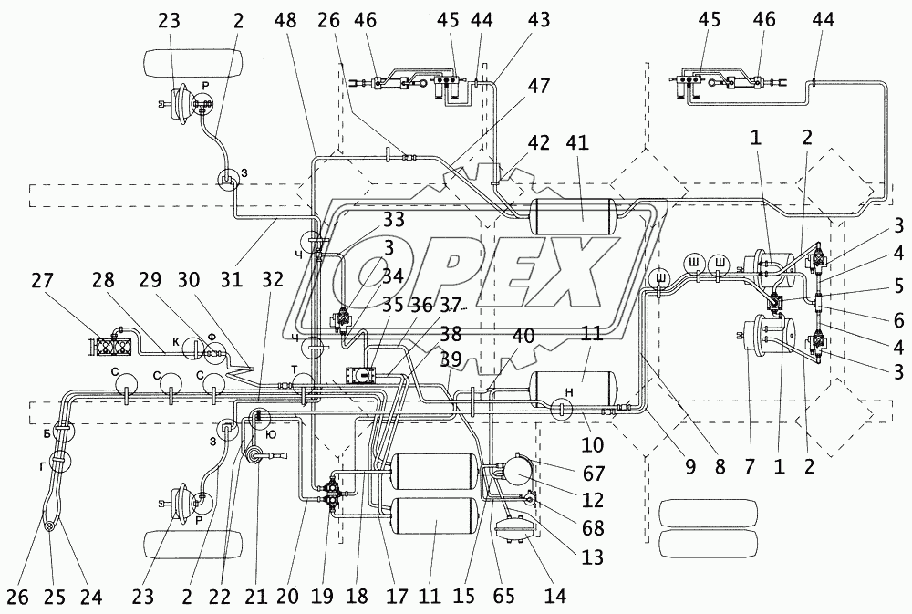 Схема пневматической системы тормозов с пневмоаппаратурой 1