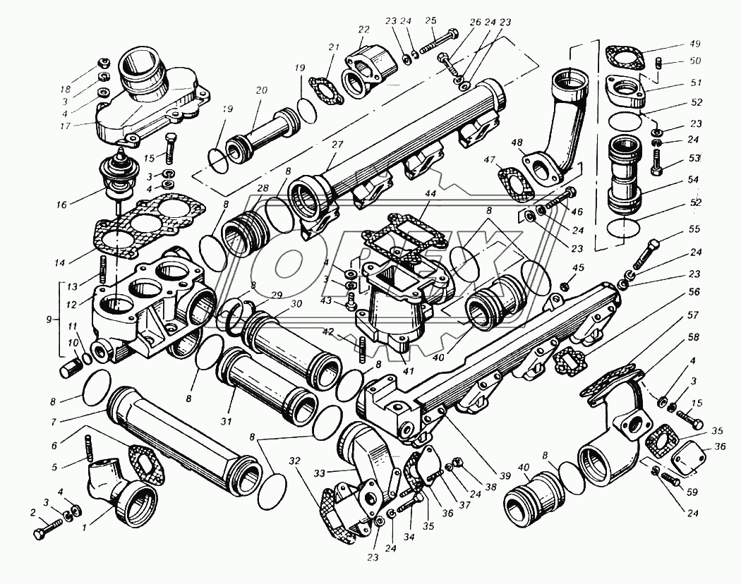 Трубы и термостаты системы охлаждения двигателя ЯМЗ-8423.10