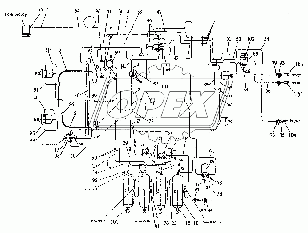 Схема пневматическая соединений тормозной системы