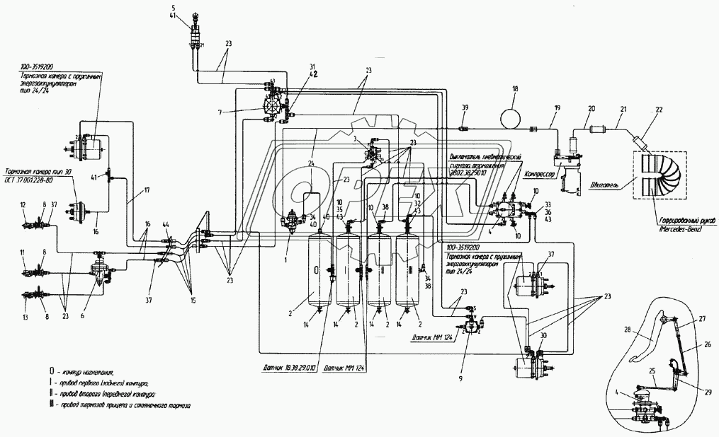 Схема пневматическая тормозной системы 742P2-3500000-3