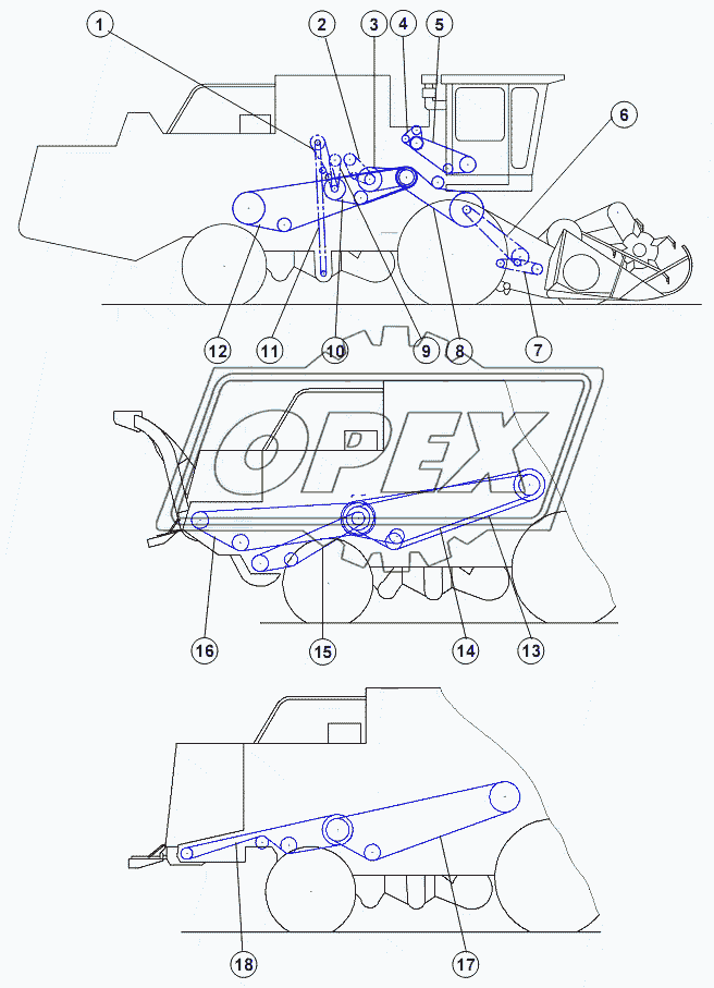 Схема ременных и цепных передач комбайна (правая сторона)
