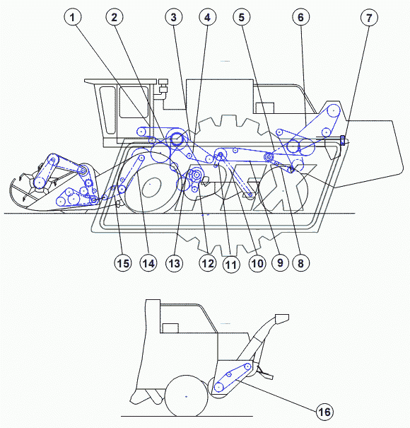 Схема ременных и цепных передач комбайна (левая сторона)