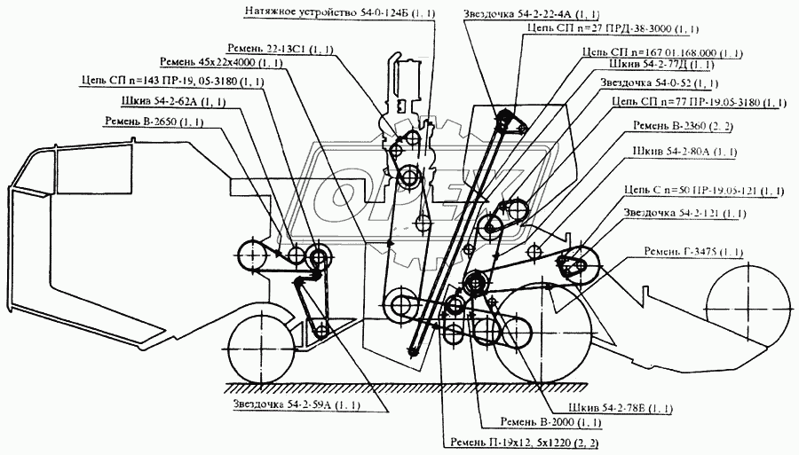 Схема расположения клиновых ремней, цепей, натяжных шкивов и звездочек на правой стороне комбайнов (с копнителем и капотом)