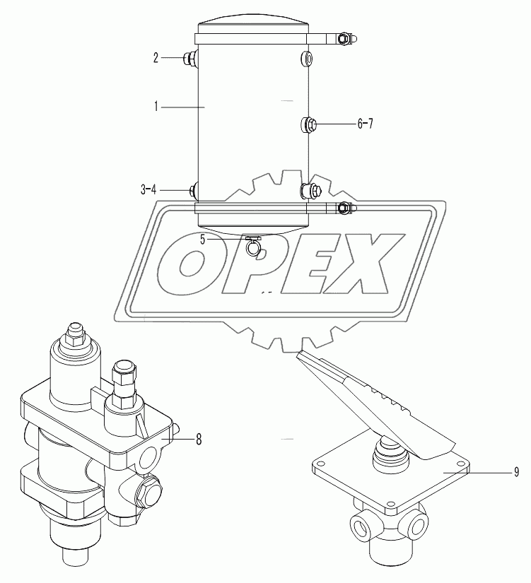 AIR RESERVOIR, BRAKE CONTROL VALVE, AIR DRYER