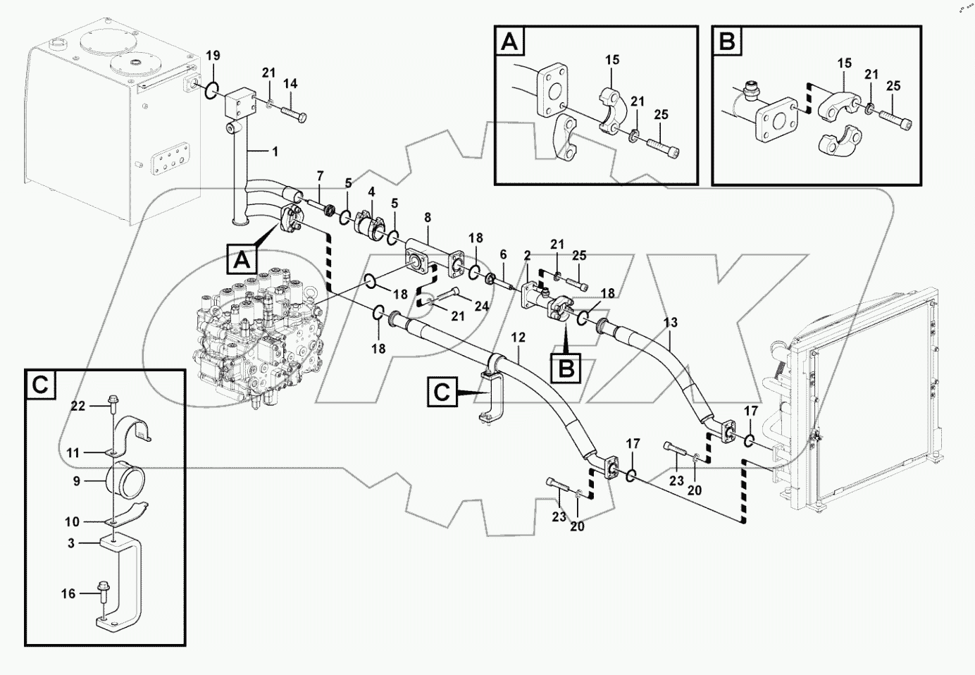  Hydraulic system, hydraulic tank to hydraulic oil cooler