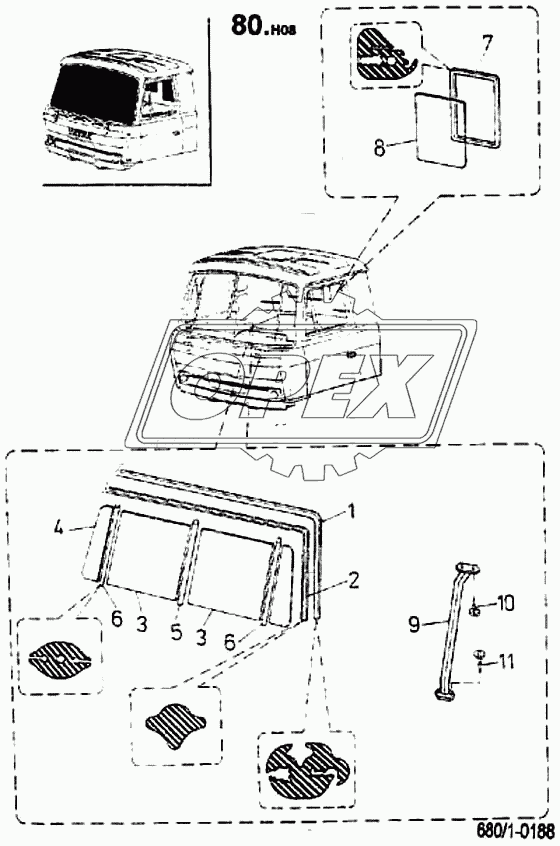 Стекла передних и боковых окон, уплотнители (680/1)