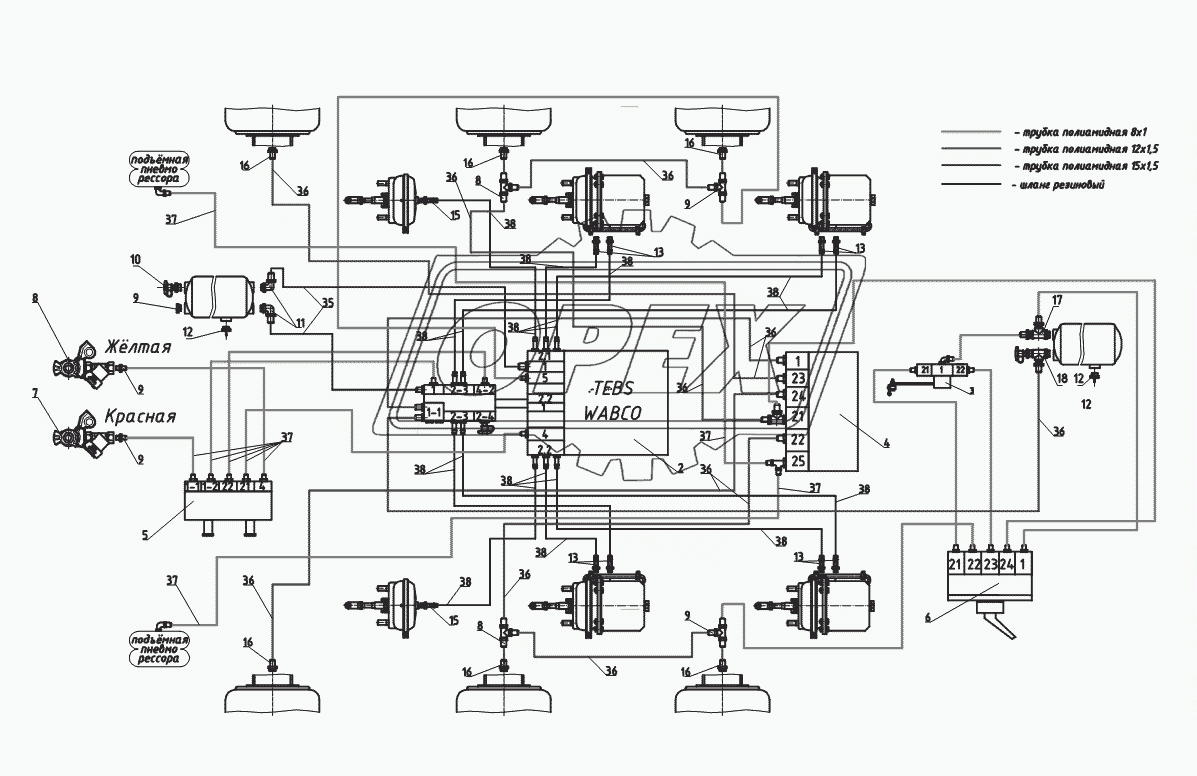 Схема пневматическая с компонентами WABCO