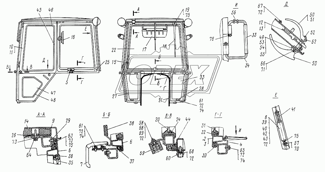 Кабина. Каркас. Рамка задняя. Крыша. Двери