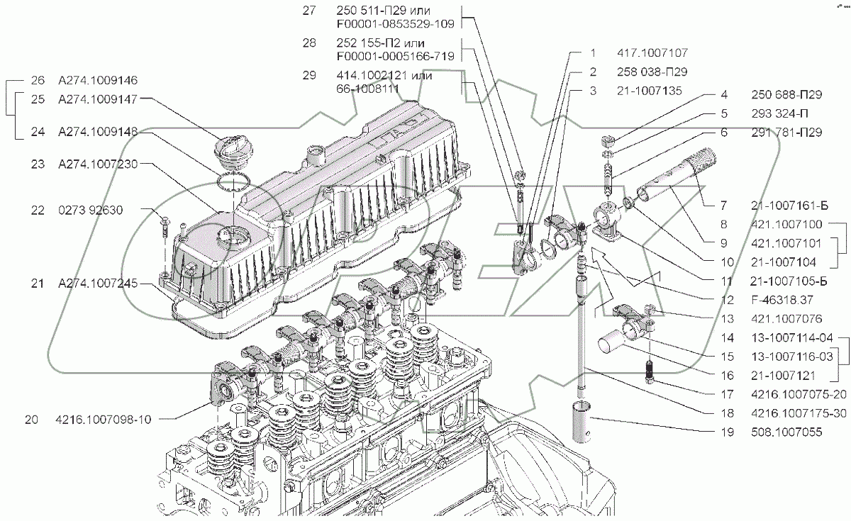  Штанги, толкатели, и крышка коромысел