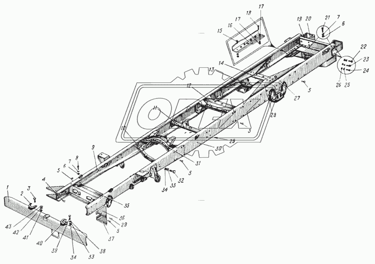 Рама автомобиля Урал-375Д (Рис. 61)