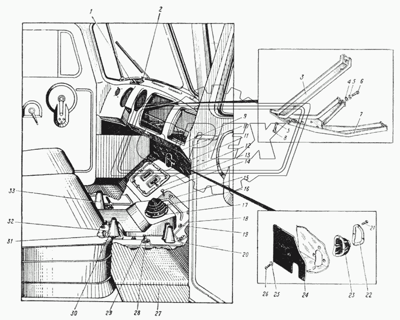 Кабина автомобиля (вид изнутри) (Рис. 137)