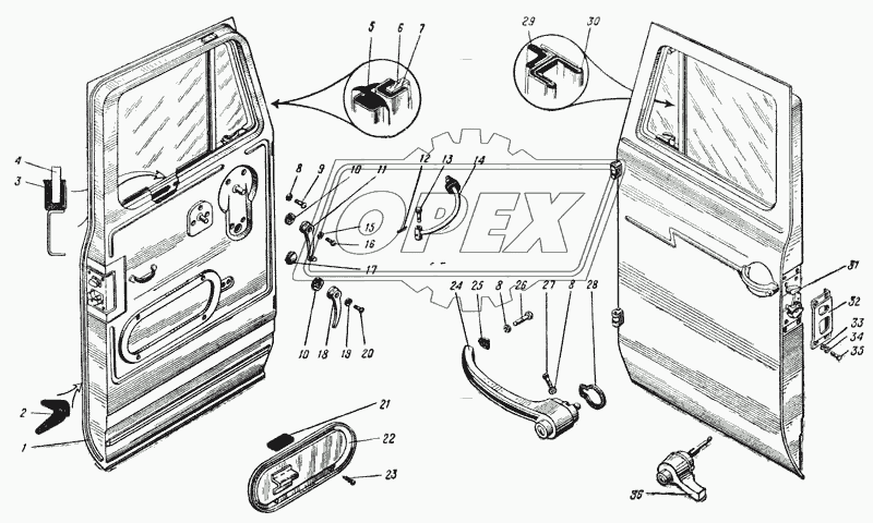 Дверь автомобиля Урал-375Д (Рис. 147)