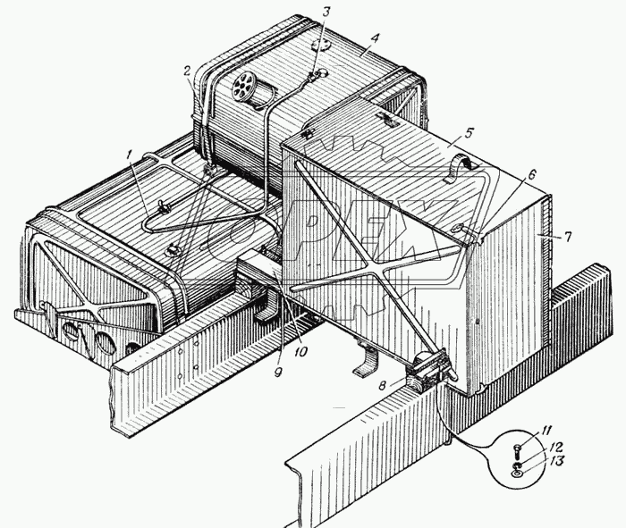 Крепление инструментального ящика и дополнительного топливного бака седельного тягача Урал-375С (Рис. 163)