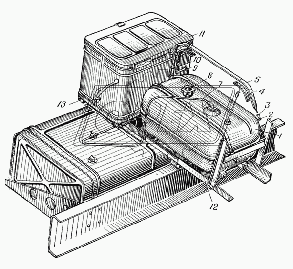Крепление инструментального ящика и дополнительного топливного бака на основании держателя запасного колеса седельного тягача Урал-377С (Рис. 164)