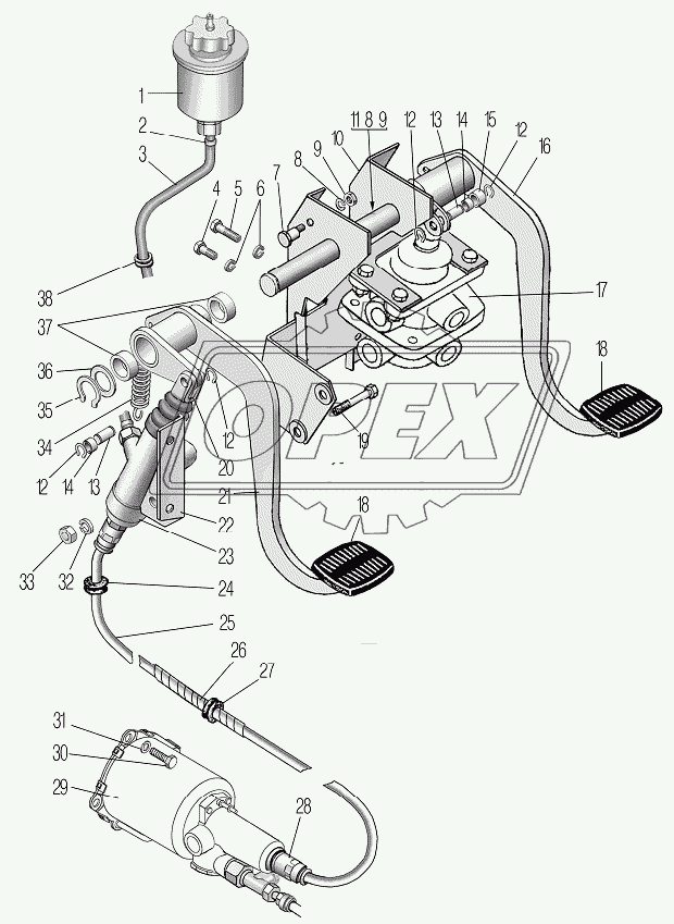 Привод педалей сцепления и тормоза