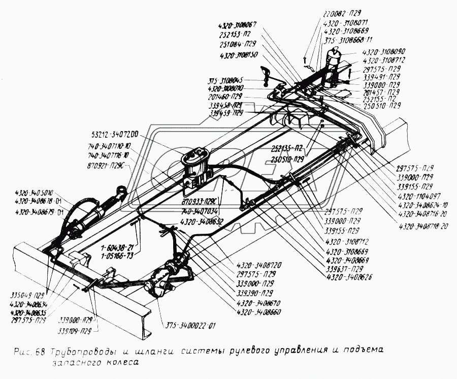 Трубопроводы и шланги системы рулевого управления и подъема запасного колеса