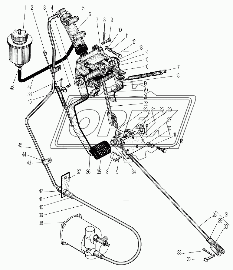 Привод педалей сцепления и тормоза