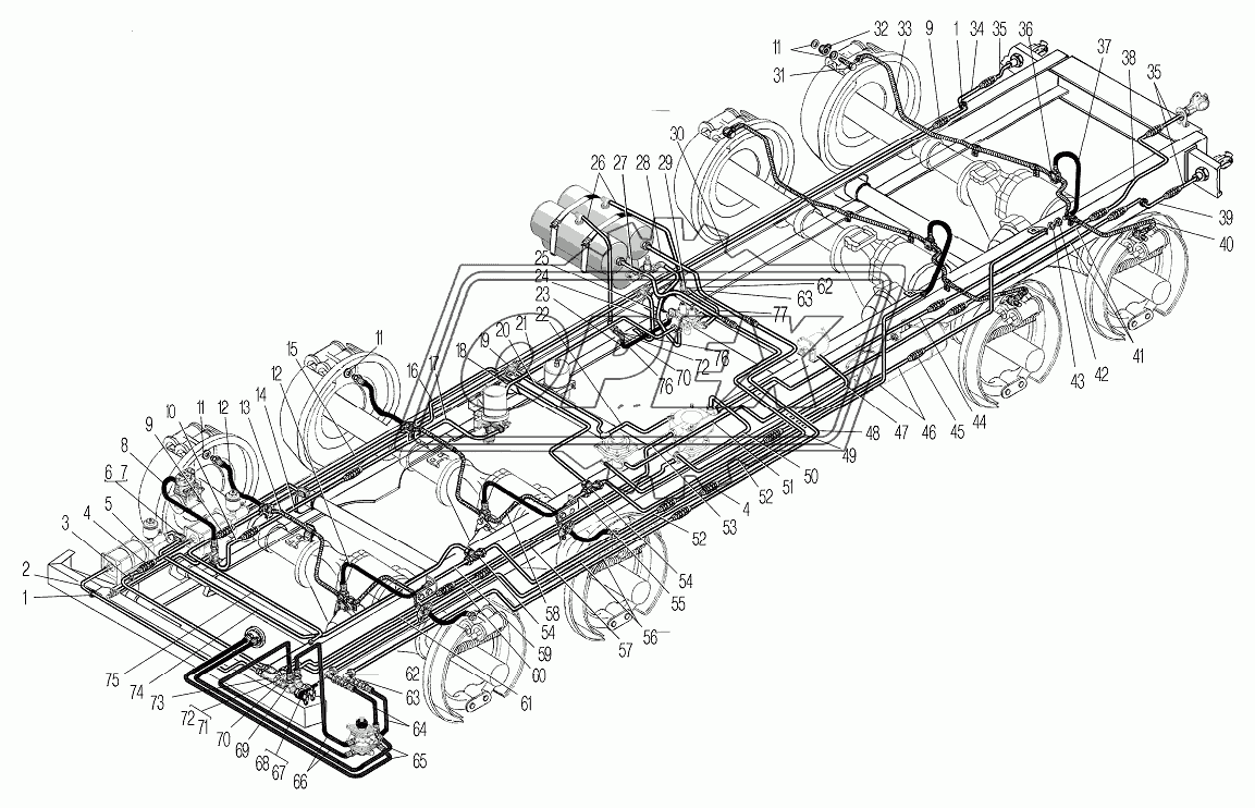 Трубопроводы и шланги гидропневматического привода рабочих тормозов для автомобилей Урал 532361 и 532362