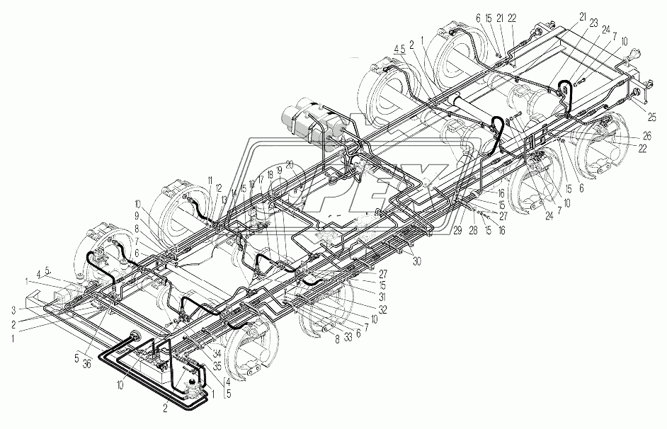 Крепление трубопроводов и шлангов пневмогидравлического привода рабочих тормозов для автомобилей Урал 532361 и 532362