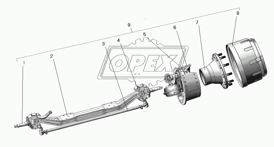 Ось передняя со ступицей и тормозом
