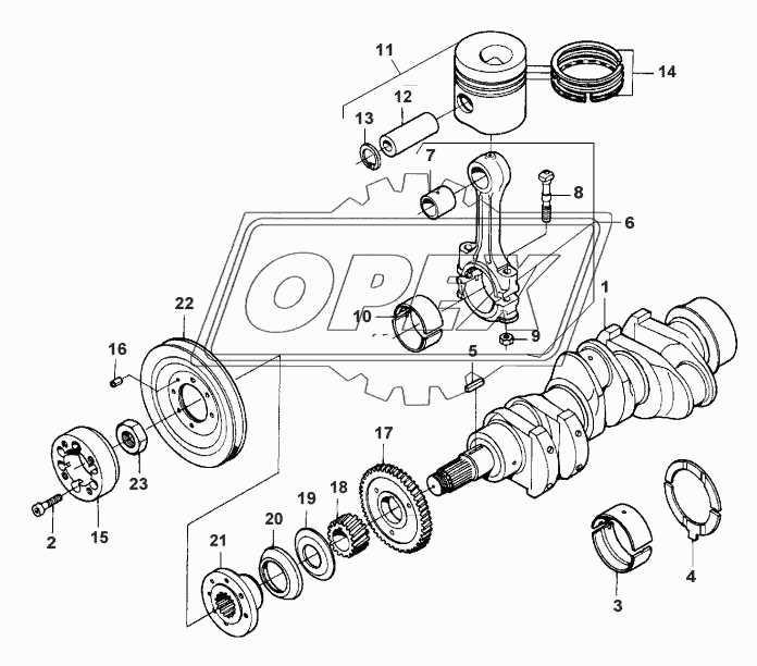 CRANKSHAFT, PISTONS AND CONNECTING RODS