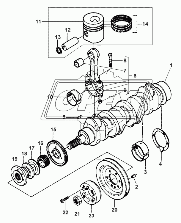 CRANKSHAFT, PISTONS AND CONNECTING RODS