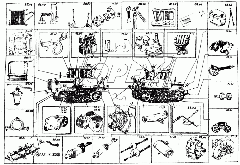 Рисованное оглавление шасси трактора ДТ-75МВ