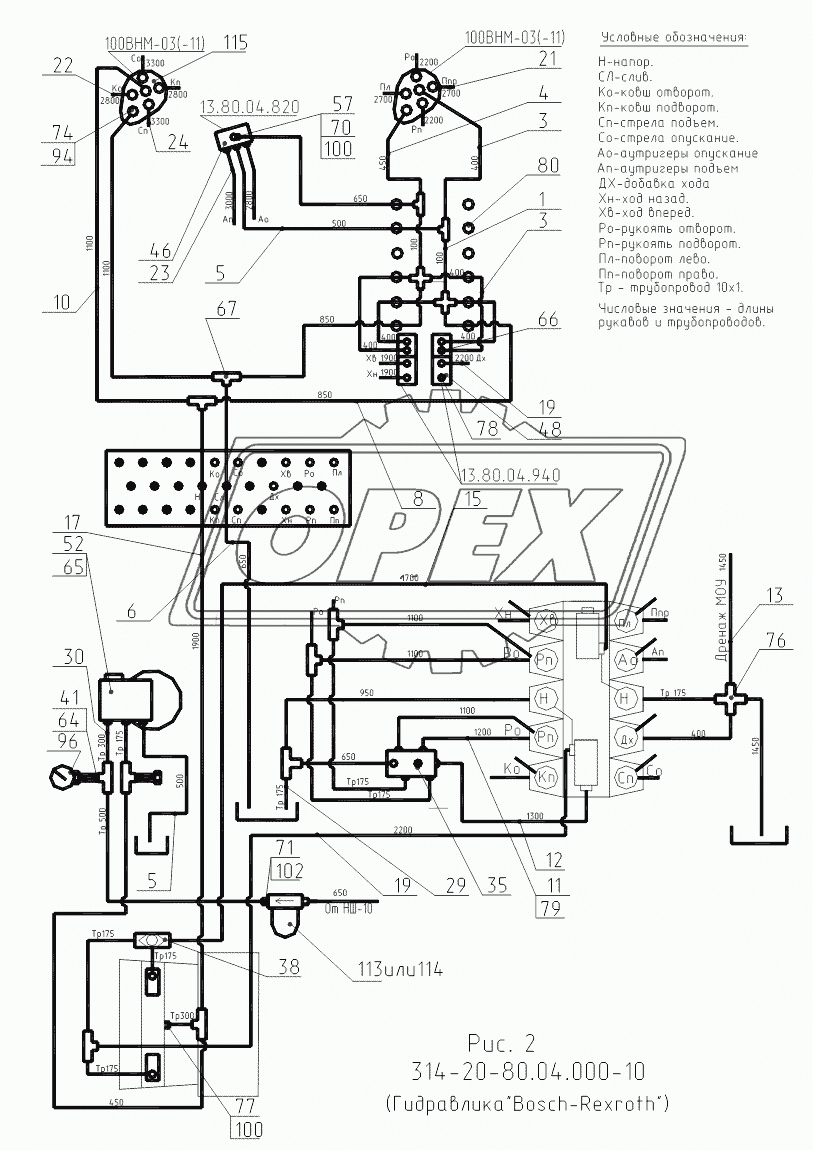 Гидроуправление на поворотной платформе (монтажная схема) (314-20-80.04.000 с гидравликой ПСМ), (314-20-80.04.000-10 с гидравликой «Bosch-Rexroth»)