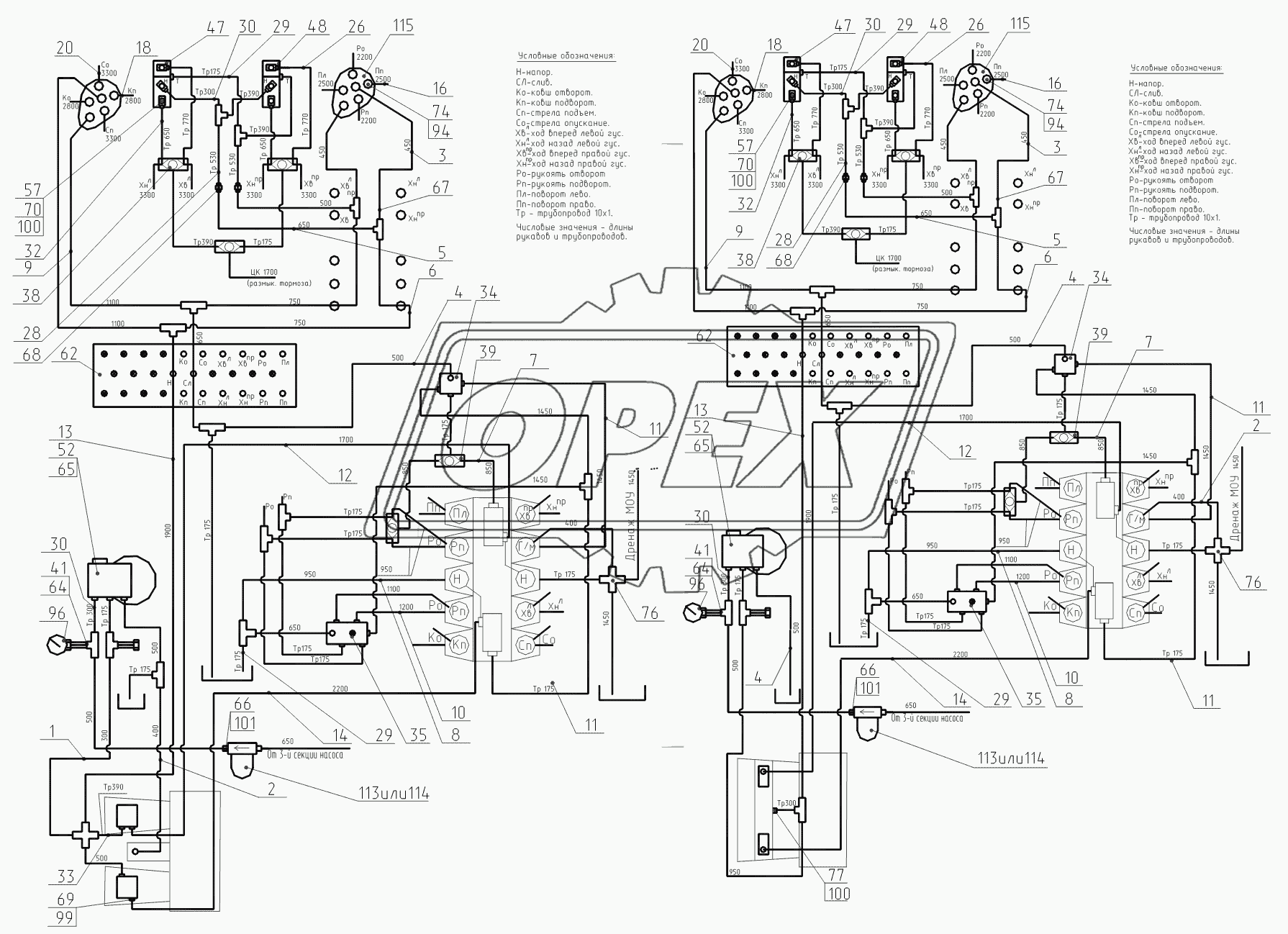 214-20-80.04.000 Гидроуправление на поворотной платформе (монтажная схема) (с гидравликой ПСМ), 214-20-80.04.000-10 (с гидравликой Bosch-Rexroth)