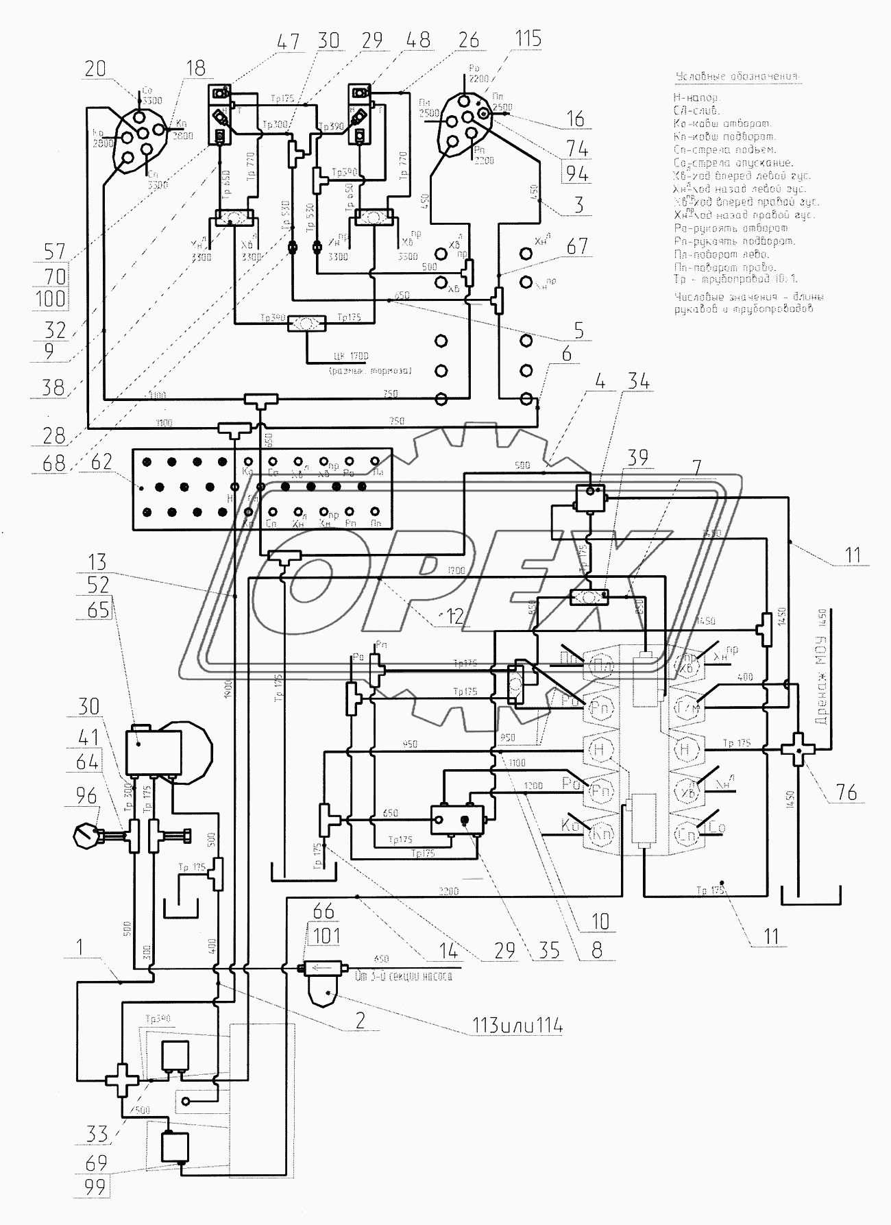 Гидроуправление на поворотной платформе (монтажная схема) (с гидравликой ПСМ)