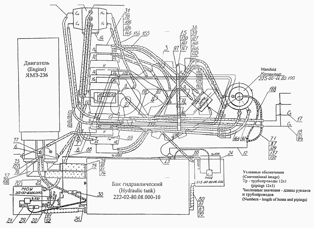 Трубопроводы на поворотной платформе с двигателем ЯМЗ-236
