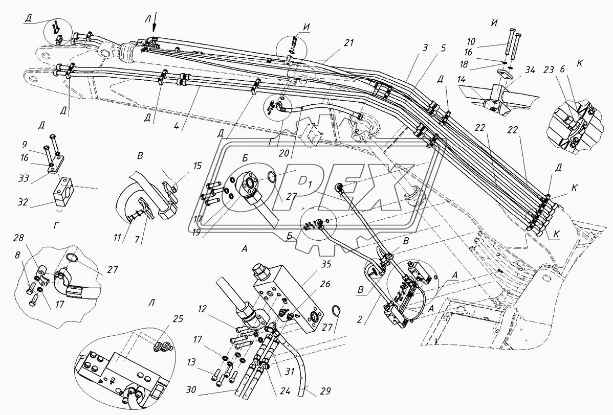 203030000000 01 Гидроразводка стрелы с тормозными клапанами