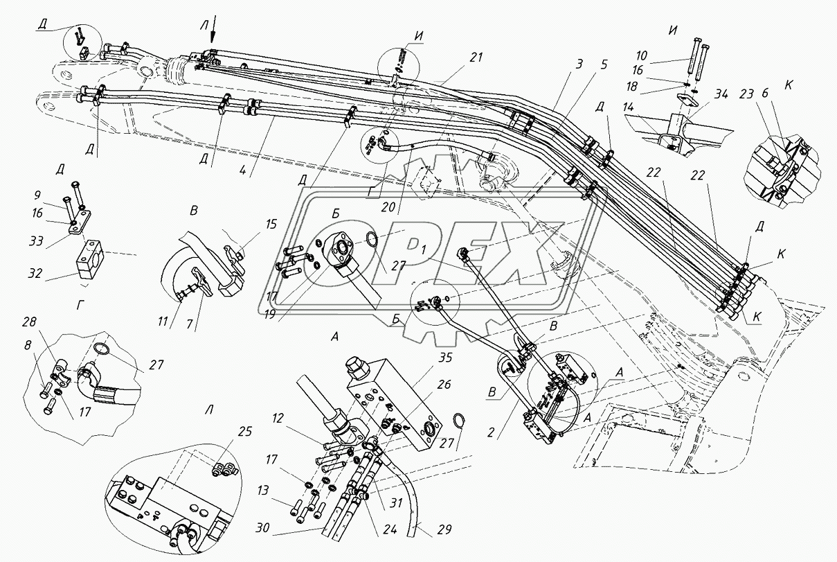 203030000000 01 Гидроразводка стрелы с тормозными клапанами