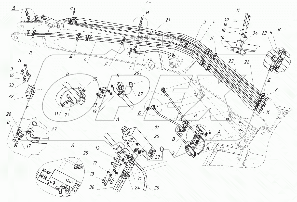  Гидроразводка стрелы с тормозными клапанами