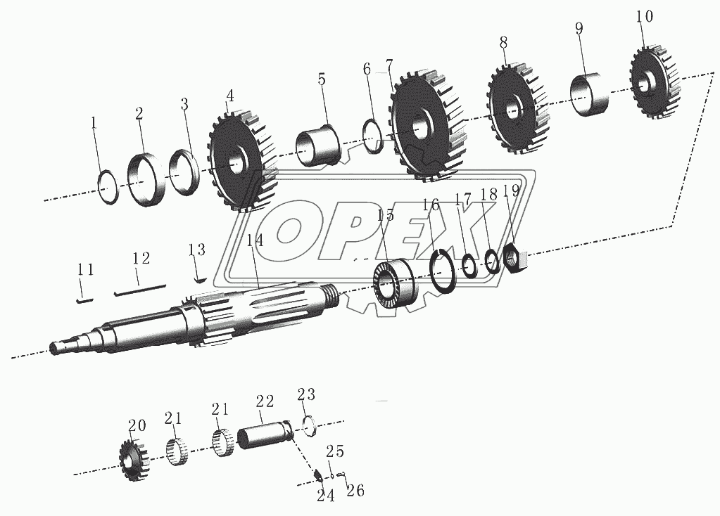 Вал заднего хода промежуточного вала КПП и шестерня