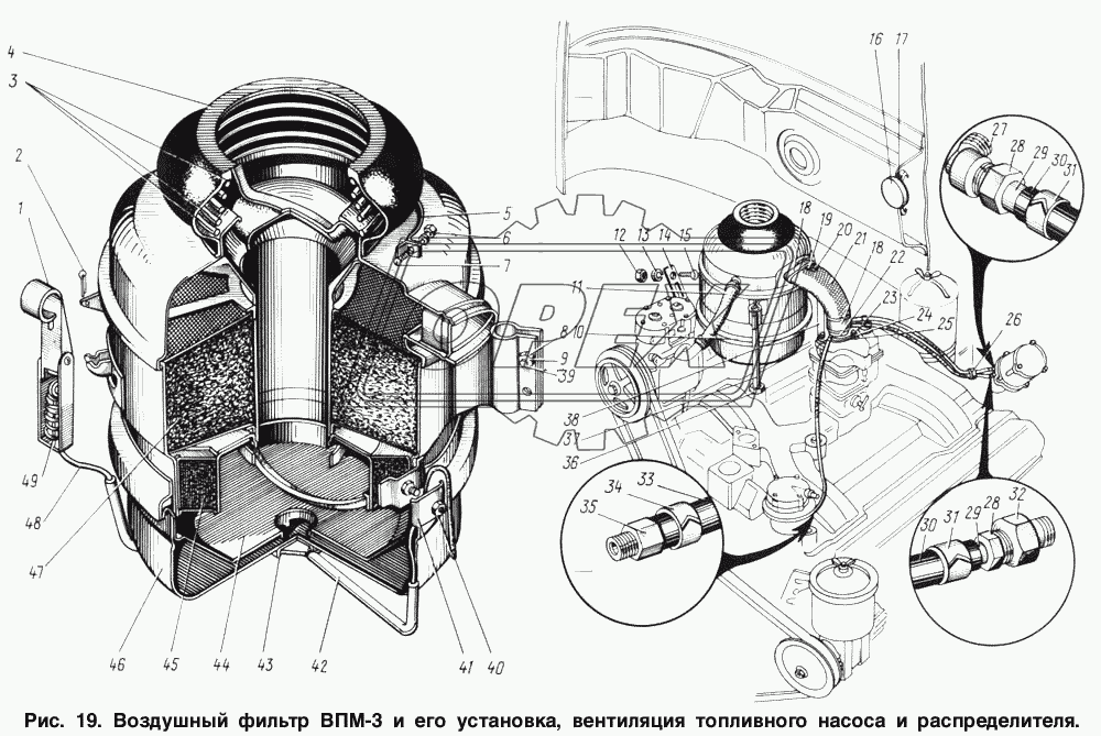 Воздушный фильтр ВПМ-3 и его установка, вентиляция топливного насоса и распределителя