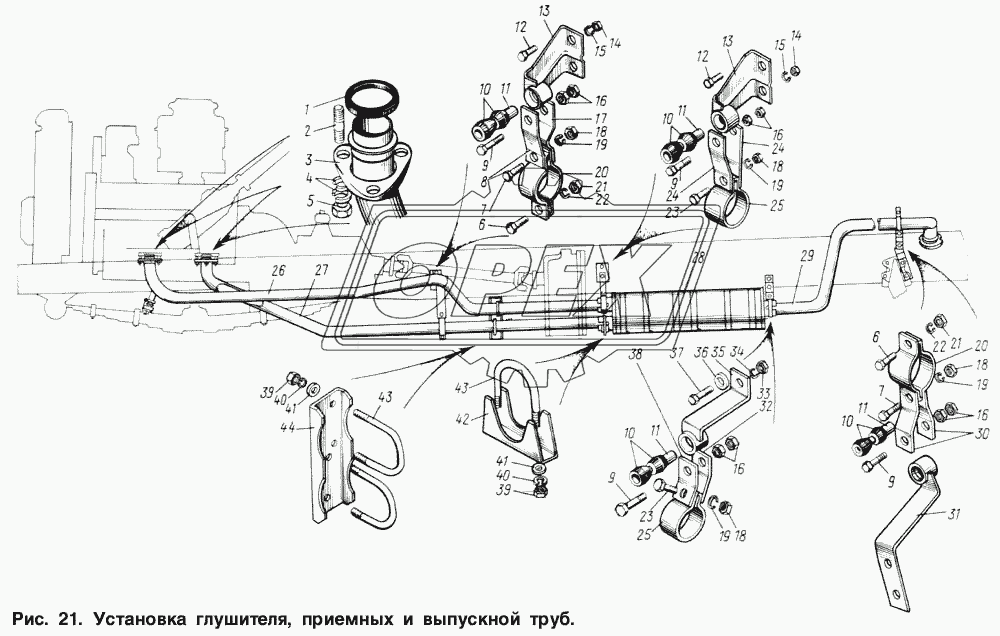 Установка глушителя, приемных и выпускной труб