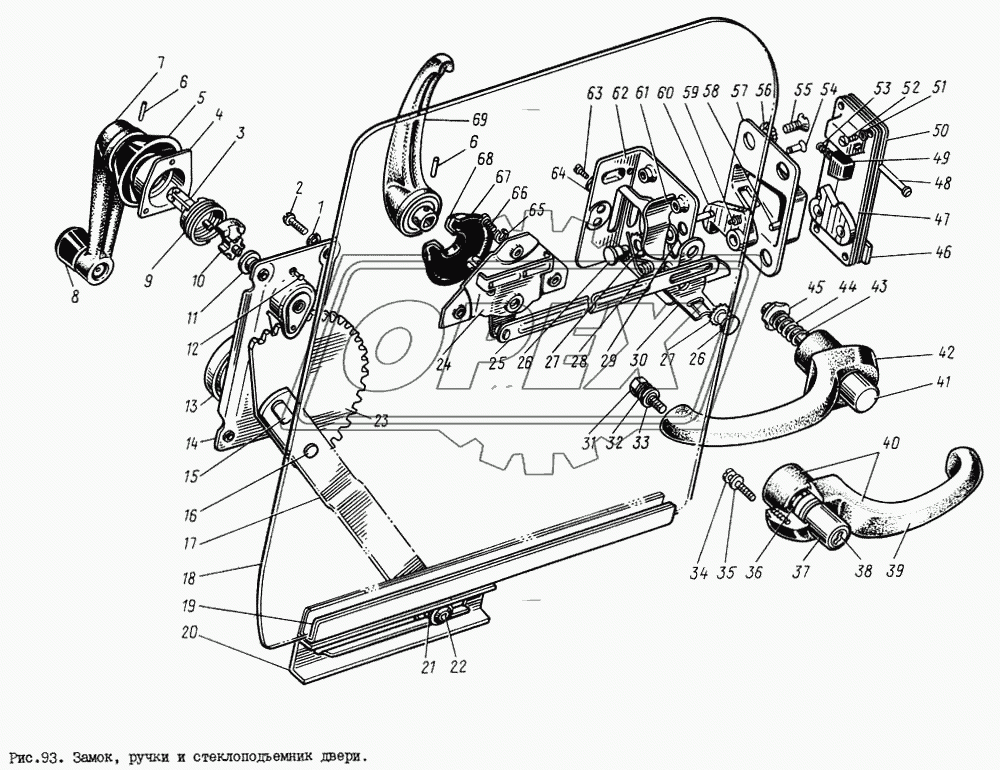 Замок, ручки и стеклоподъемник двери