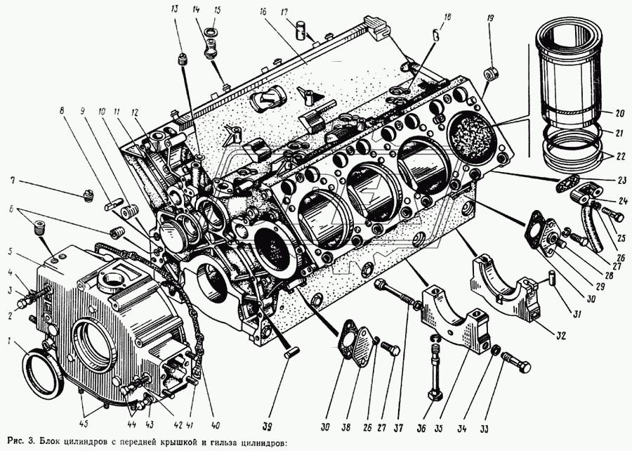 Блок цилиндров с передней крышкой и гильза цилиндров