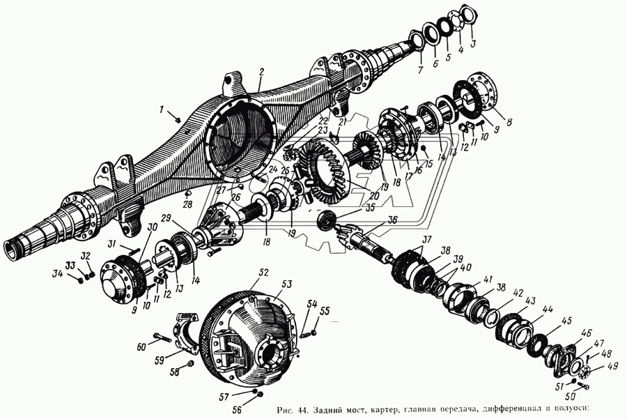 Задний мост, картер, главная передача, дифференциал и полуоси