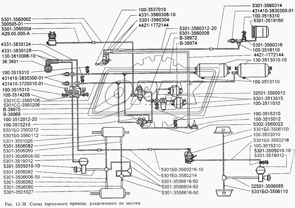 схема тормозного привода, разделённого по мостам