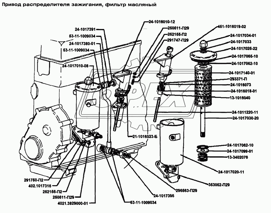 Привод распределителя зажигания, фильтр масляный